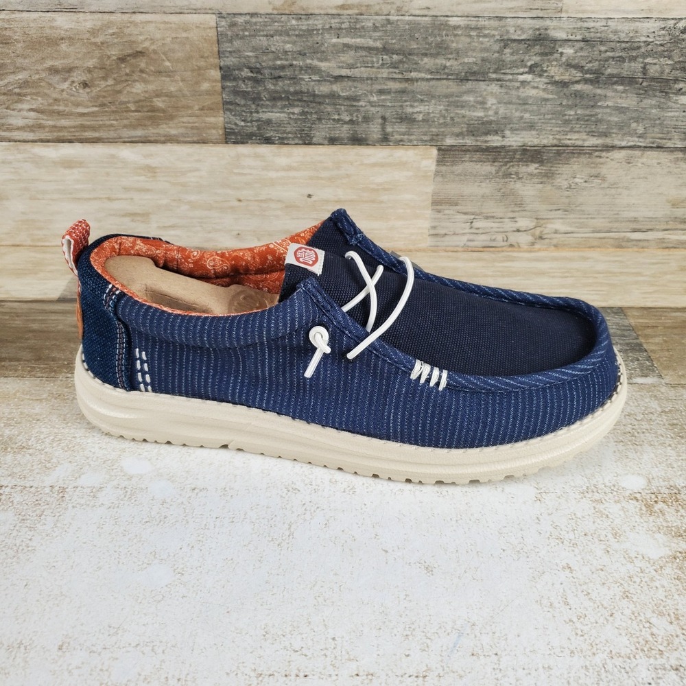 Hey Dude Wally Hickory Denim Mens Loafers Shoes Sz 9 Navy Blue White Round Toe